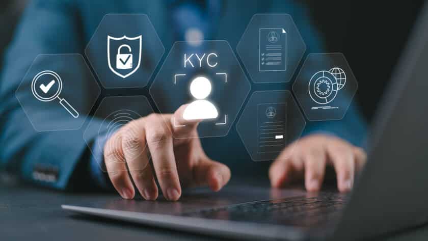 interactive kyc compliance interface with the user. business professional interacting with a know your customer (kyc) compliance and security interface on digital screen. identity verification, e kyc