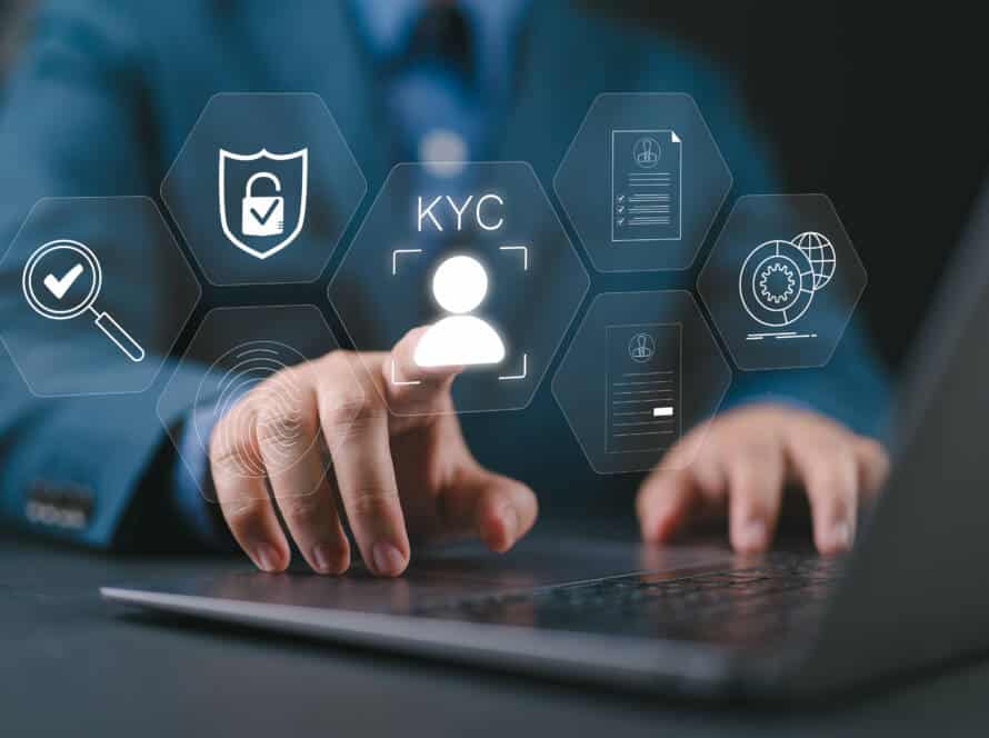 interactive kyc compliance interface with the user. business professional interacting with a know your customer (kyc) compliance and security interface on digital screen. identity verification, e kyc