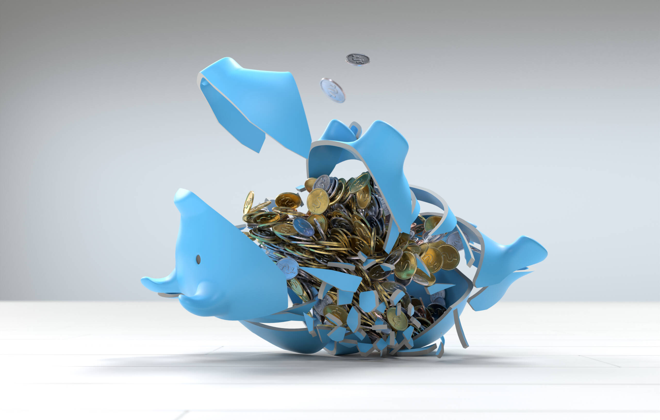 the piggy bank was thrown and broke and gold coins flowed out, s