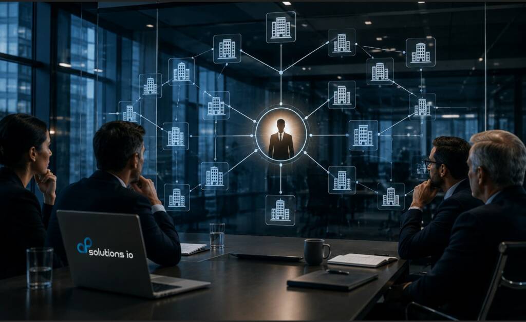 Réunion de professionnels en salle de conseil analysant un réseau d'entreprises interconnectées autour d'une figure centrale, illustrant l'expertise de AP Solutions IO conformité démontrable.