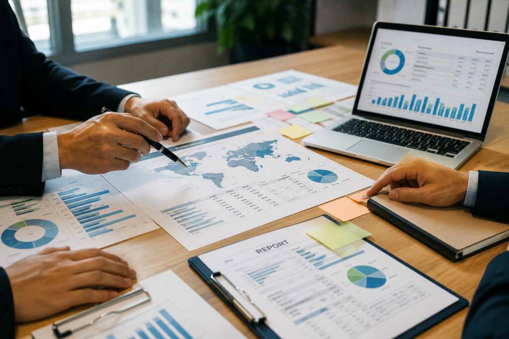 Professionals in suits are analyzing charts and a world map on a desk to develop a risk-based approach.