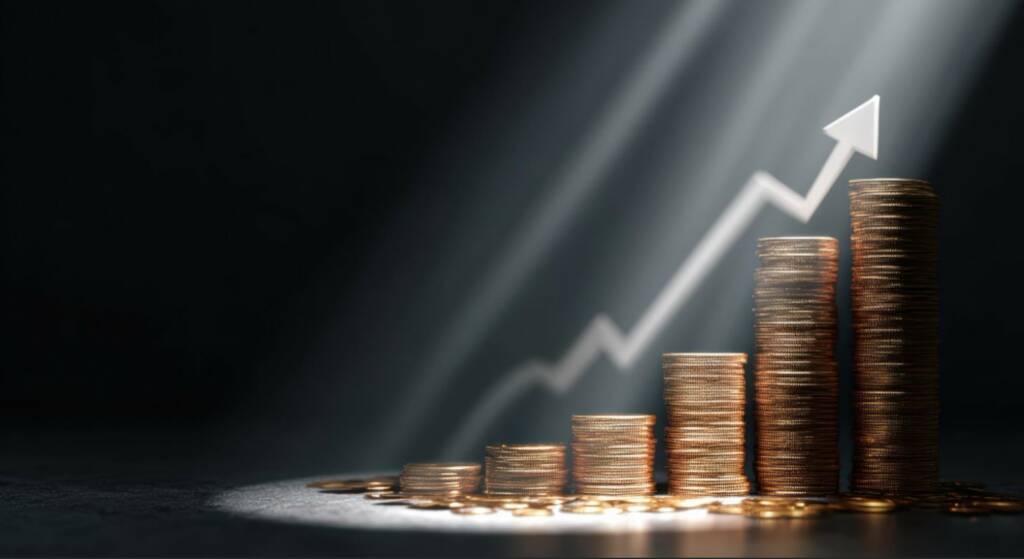 Graphique en croissance sous forme de piles de pièces de monnaie dorées et flèche ascendante lumineuse, illustrant l'identification et la transparence financière liées au bénéficiaire effectif.