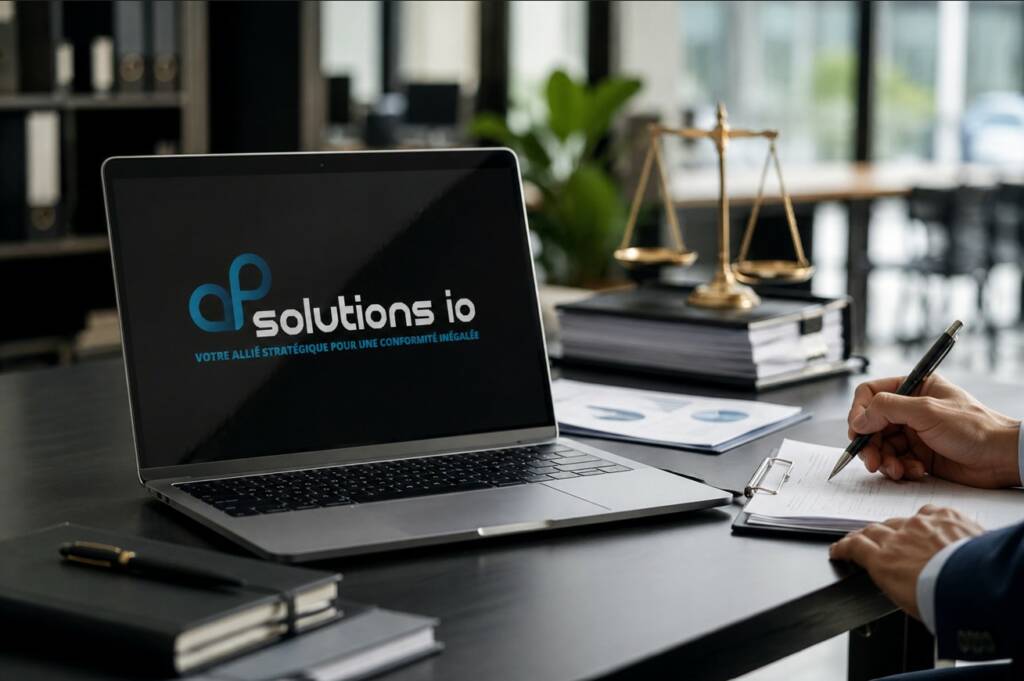 A laptop displaying the AP Solutions IO logo on a desk, illustrating the importance of choosing AP Solutions IO to support your compliance department.