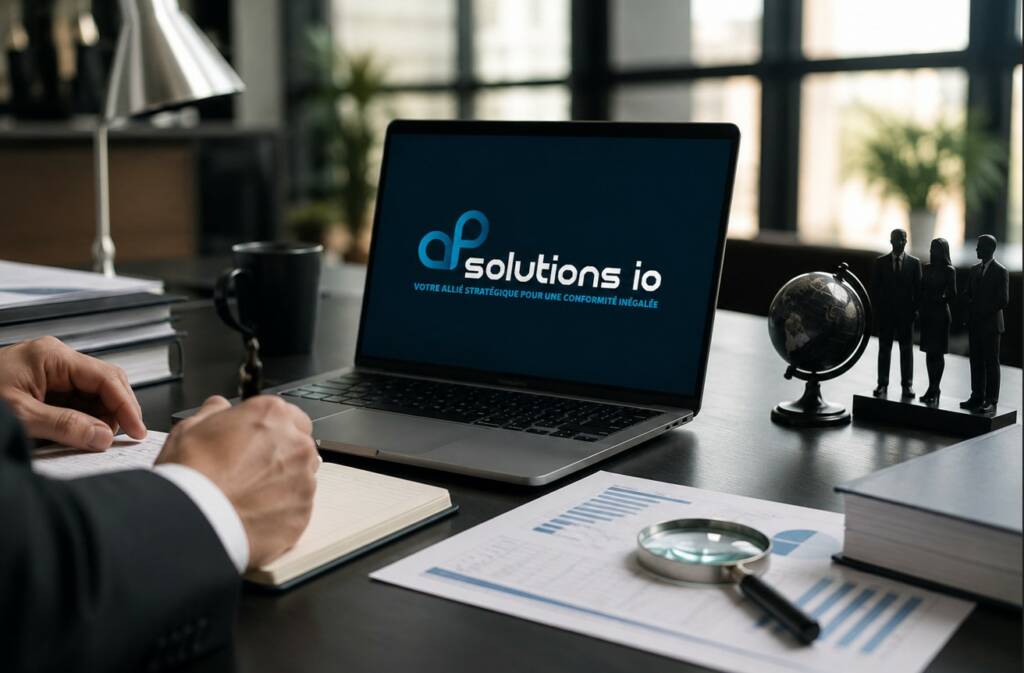 Un professionnel de la conformité travaille à son bureau devant un ordinateur affichant le logo d'AP Solutions Io, une solution idéale pour détecter et suivre les PPE avec AP Scan.
