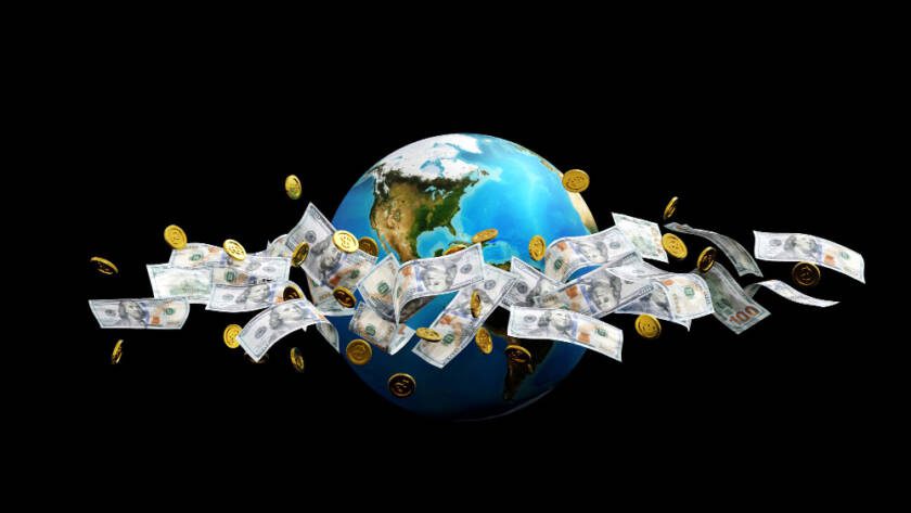 Représentation visuelle de flux financiers mondiaux à analyser et détecter via la surveillance des transactions.