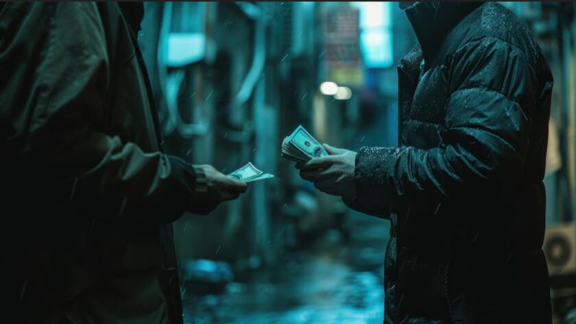 Deux individus en veste échangeant discrètement des liasses de billets de banque dans une ruelle sombre et pluvieuse la nuit, illustrant les enjeux de la lutte contre le blanchiment de capitaux et le financement du terrorisme.