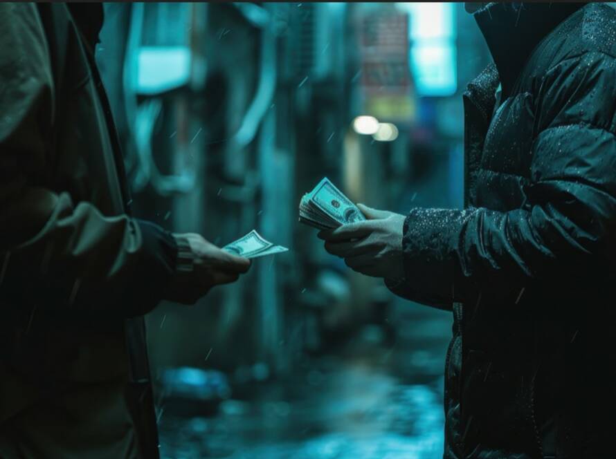 Deux individus en veste échangeant discrètement des liasses de billets de banque dans une ruelle sombre et pluvieuse la nuit, illustrant les enjeux de la lutte contre le blanchiment de capitaux et le financement du terrorisme.
