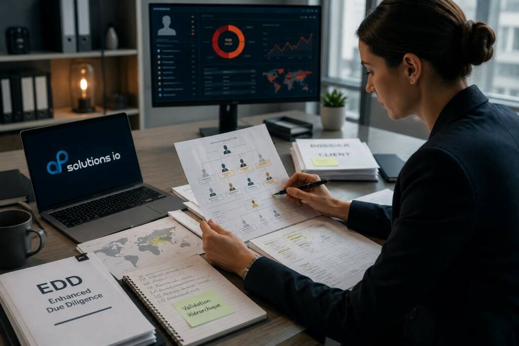 Une analyste en conformité examine un organigramme complexe et des graphiques de risques sur son écran pour outiller l’EDD avec AP Scoring.