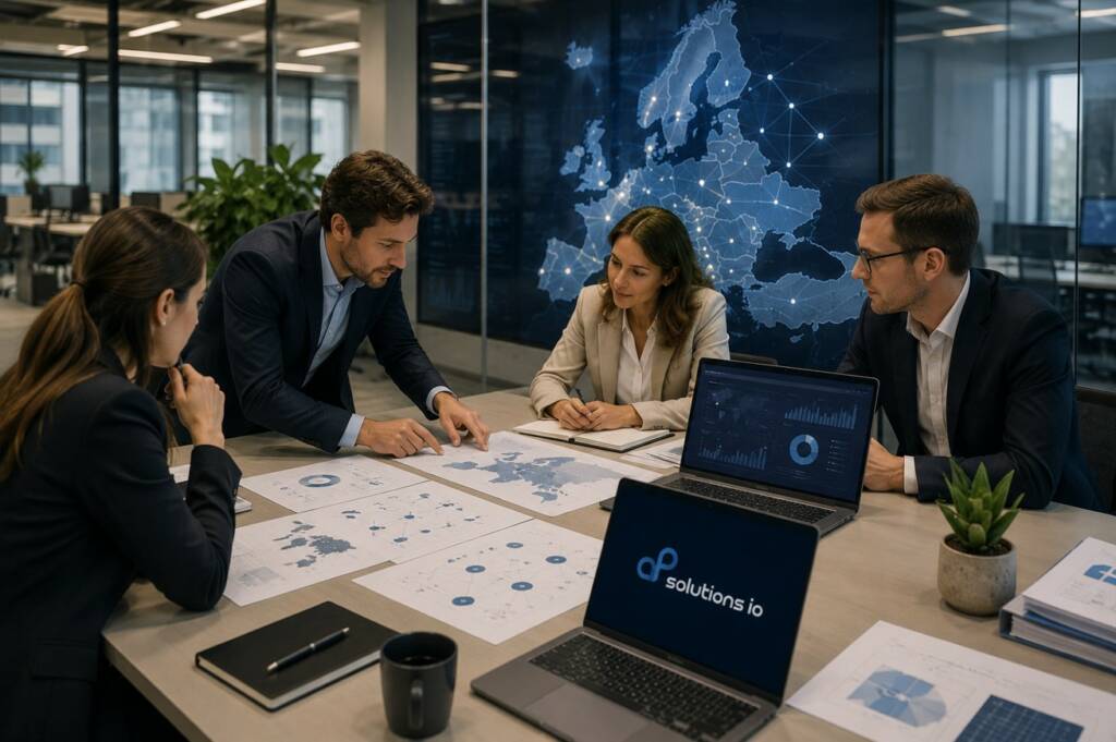 Une équipe de professionnels en réunion dans un bureau moderne analyse des cartes de l'Europe et des graphiques financiers pour préparer votre conformité AMLR avec AP Solutions IO.