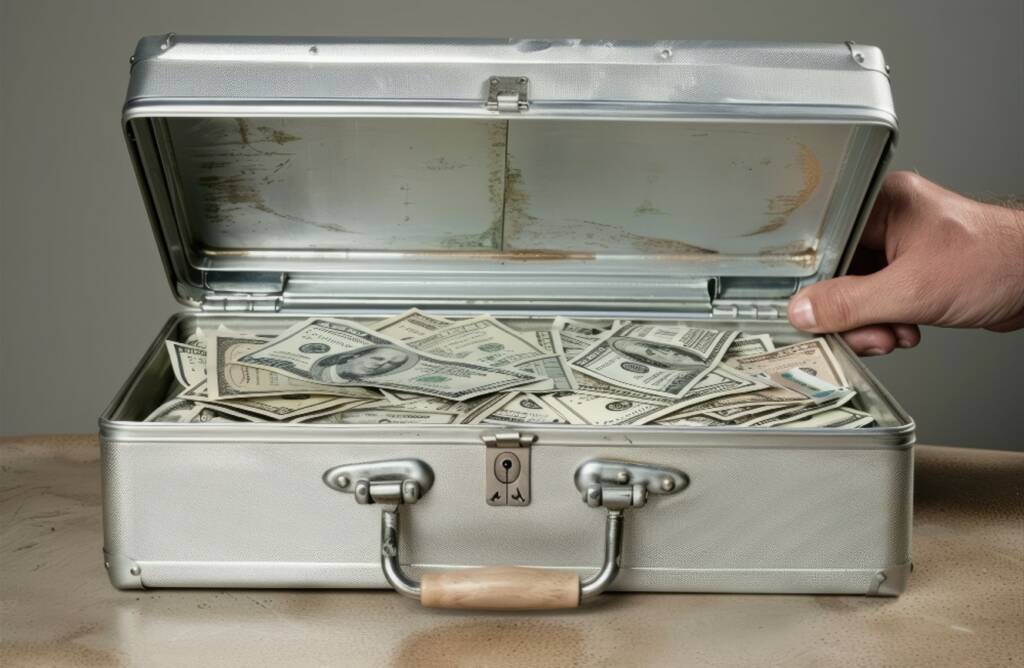 Une main d'homme referme le couvercle d'une mallette métallique rigide, remplie à ras bord de billets de 100 dollars américains, posée sur une table en bois sur fond gris. Le concept évoque l'opacité financière liée à la criminalité et soulève la question : Qu’est-ce que la LCB-FT ?