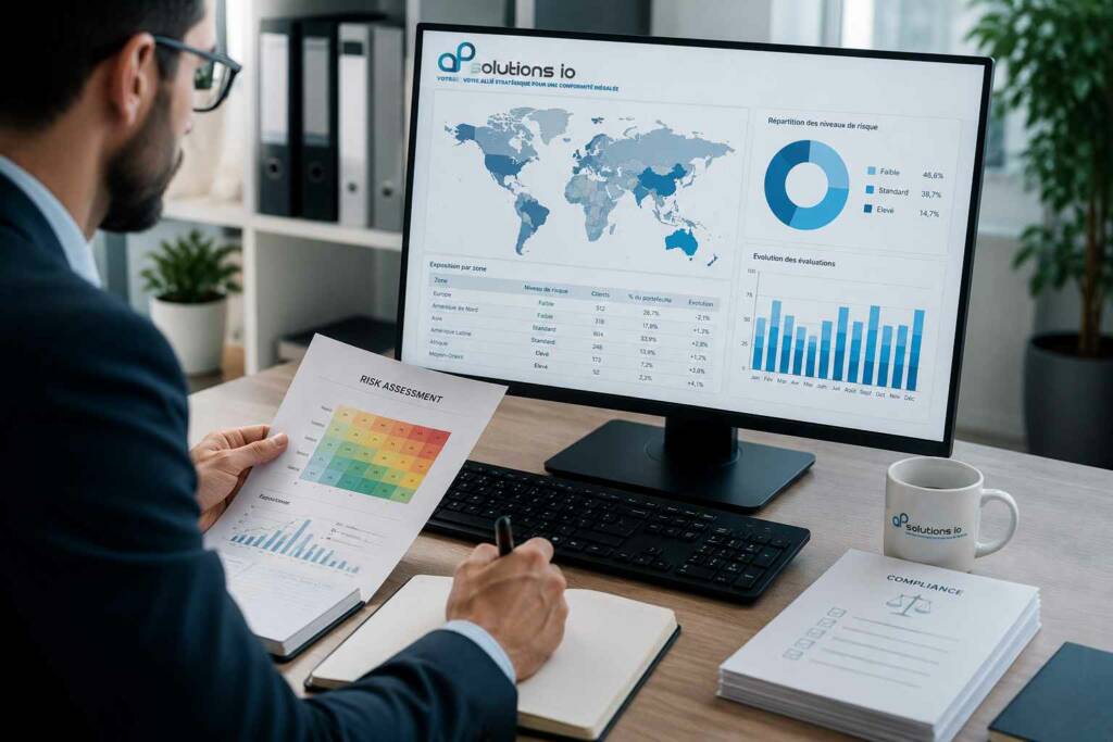 A compliance expert reviews an analytics dashboard and a risk matrix on their desk to structure and automate the classification process using AP Scoring.