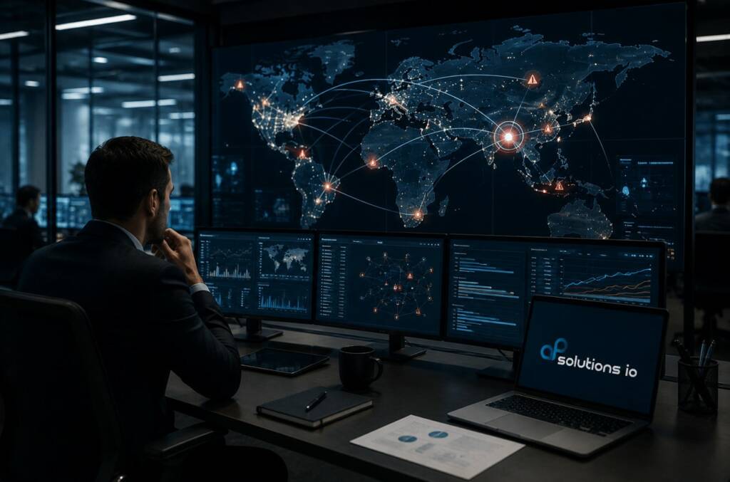 Un analyste dans une salle de contrôle moderne observe une carte mondiale des flux de données sur grand écran, illustrant la capacité à surveiller en temps réel avec AP Monitoring.